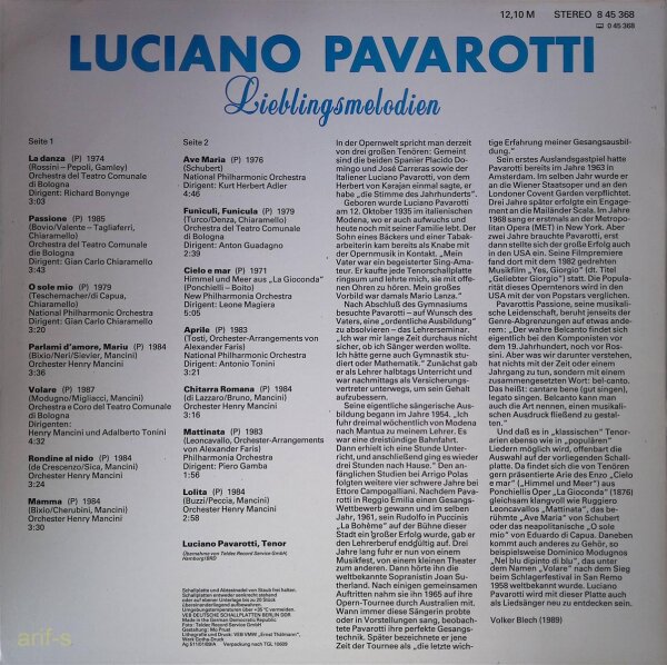 Luciano Pavarotti ‎– Lieblingsmelodien - Vinyl, LP - VG+ (Very Good Plus) Top