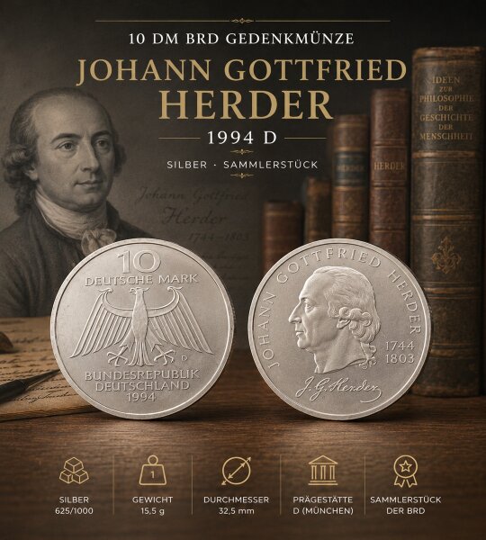 10 DM BRD Gedenkmünze 1995 - Johann Gottfried Herder 1994 / Silber / Sammler