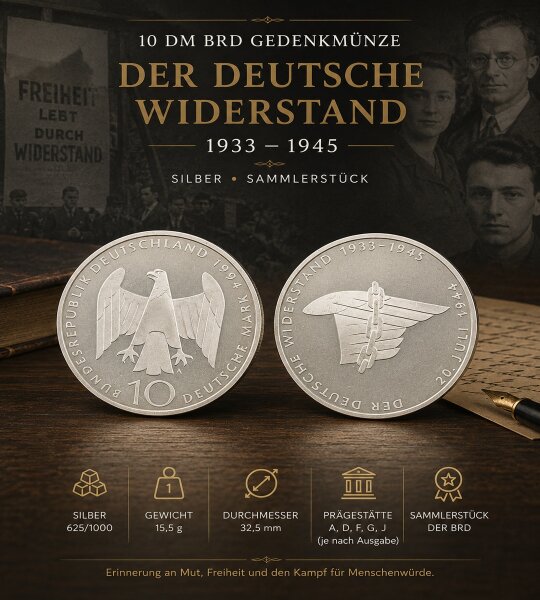 10 DM BRD Gedenkmünze - Der Deutsche Wiederstand 1933 - 1945 / Silber / Sammler