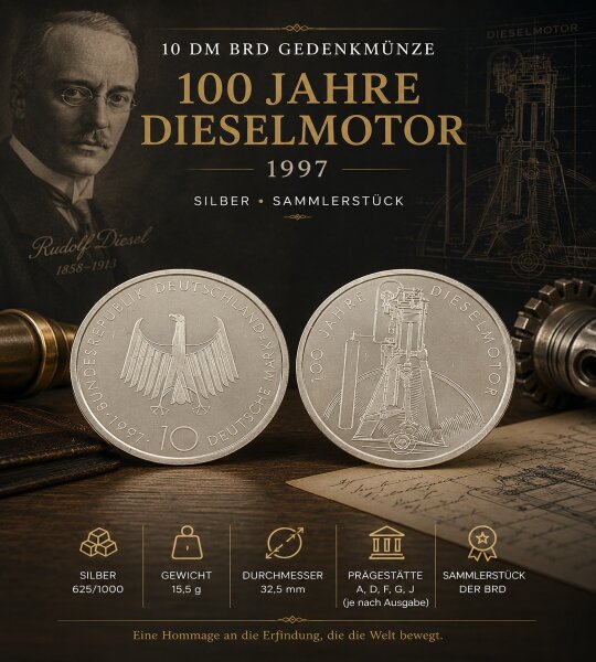 10 DM BRD Gedenkmünze 1997 - 100 Jahre Dieselmotor / Silber / Sammler