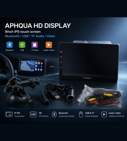 Aphqua HD Display: 9inch IPS touch screen / Bluethoot/USB/TF Audio/Video / OVP