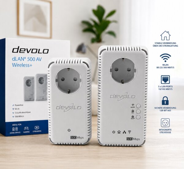 Devolo dLAN 500 AV Wireless + dlan 500 dou+ WiFi Powerline Adapter / 3 LAN-Ports