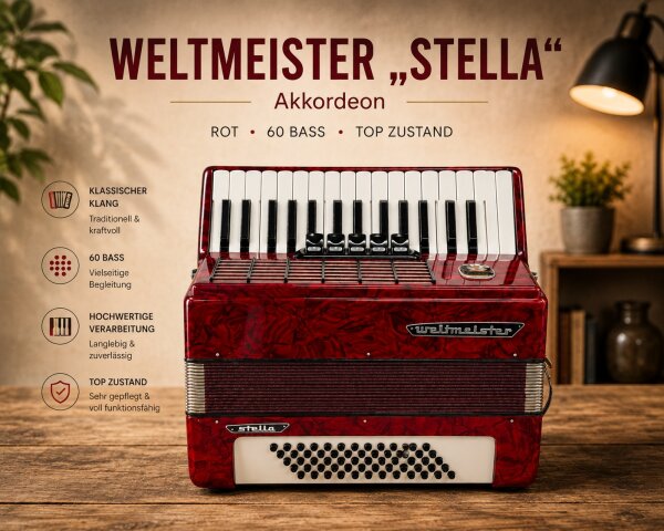 Weltmeister "Stella" Akkordeon / Rot / 60 Bass / Koffer / Top Zustand
