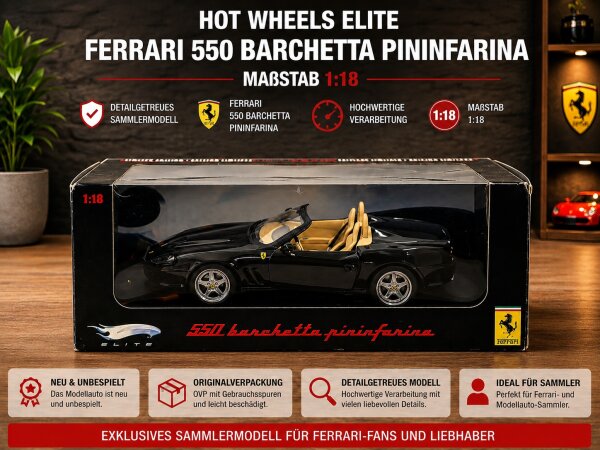 Hot Wheels Elite Ferrari 550 Barchetta Pininfarina Maßstab 1:18 Modellauto / Neu