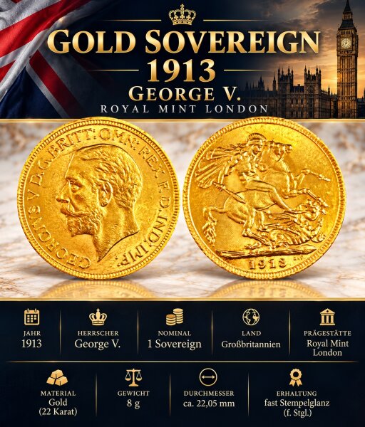 Gold Sovereign "1913" Georg V. / Royal Mint London Goldmünze / f. Stempelglanz