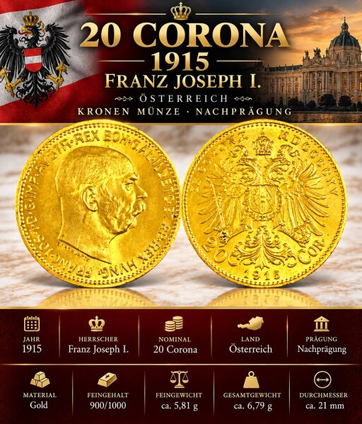 20 Corona "1915" Gold Österreich Franz Joseph I. Kronen Münze Nachprägung