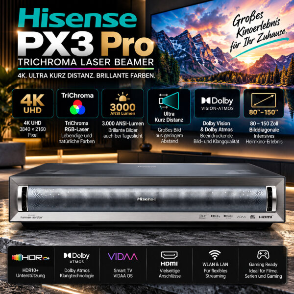 HISENSE "PX3 Pro" Laser Beamer / TriChroma / RGB /4K /Ultra Kurz Distanz /3000lm