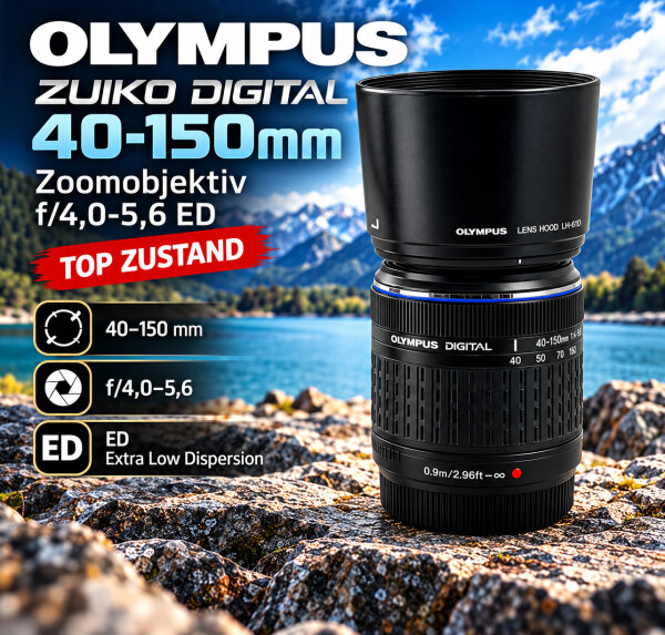 OLYMPUS Zuiko Digital 40-150mm Zoomobjektiv / f/4,0-5,6 ED  + Lens Hood LH-61D